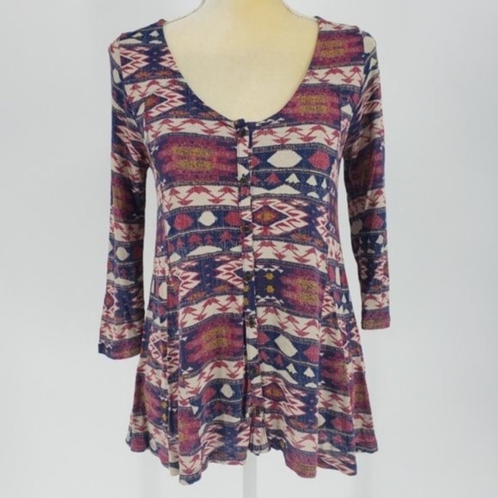 Lucky Brand Aztec Print Trapeze Button Top  XS
